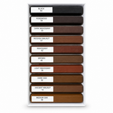 Open box of 10 Morrells assorted dark hard wax repair sticks with shade labels.