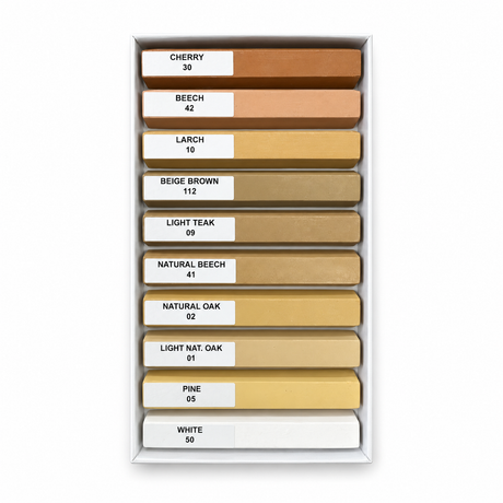 Open box of 10 Morrells assorted light hard wax repair sticks with shade labels.