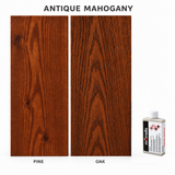 Morrells Light Fast Wood Stain 100ml sample in Antique Mahogany with indicative appearance on pine and oak