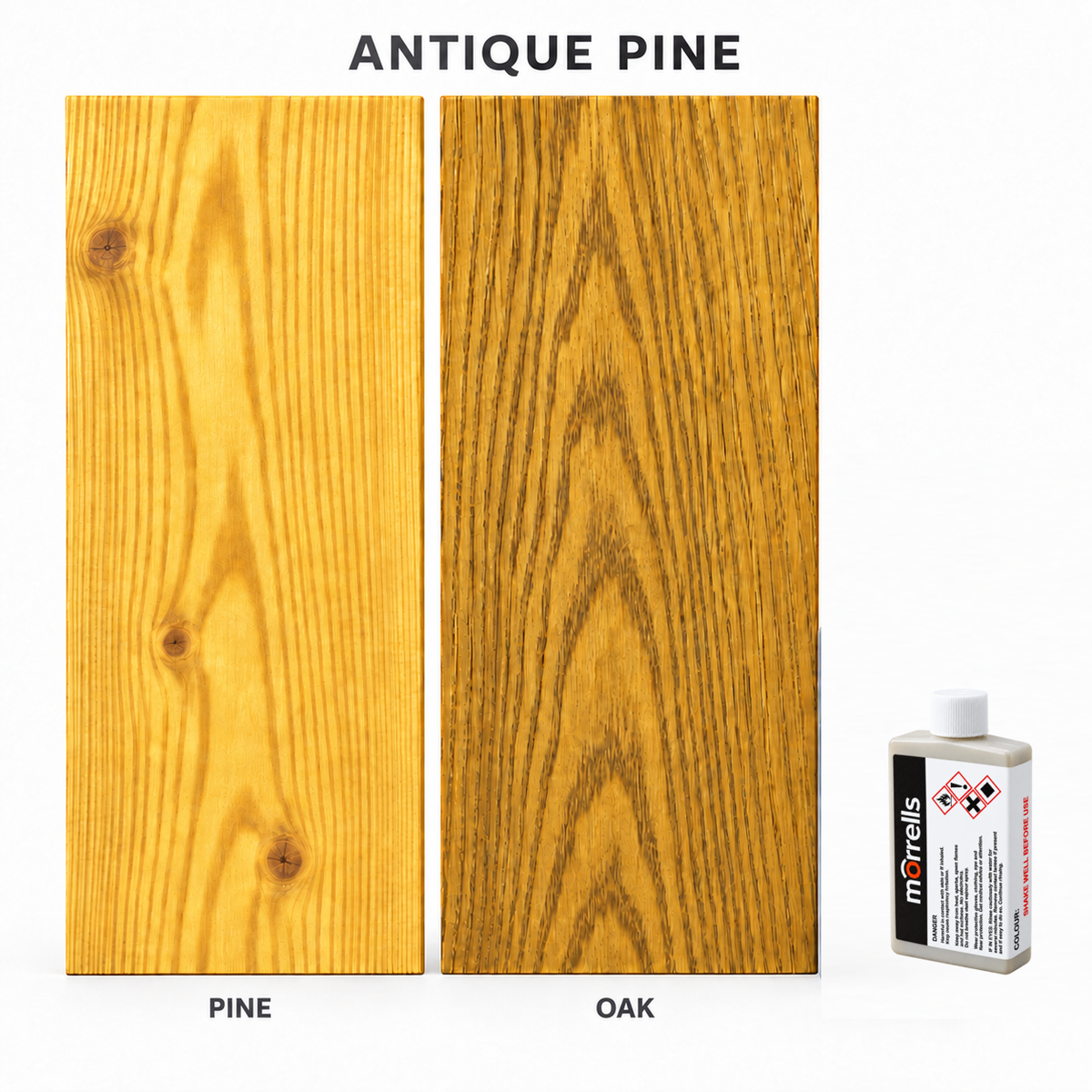 Morrells Light Fast Wood Stain 100ml sample in Antique Pine with indicative appearance on pine and oak