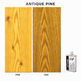 Morrells Light Fast Wood Stain 100ml sample in Antique Pine with indicative appearance on pine and oak