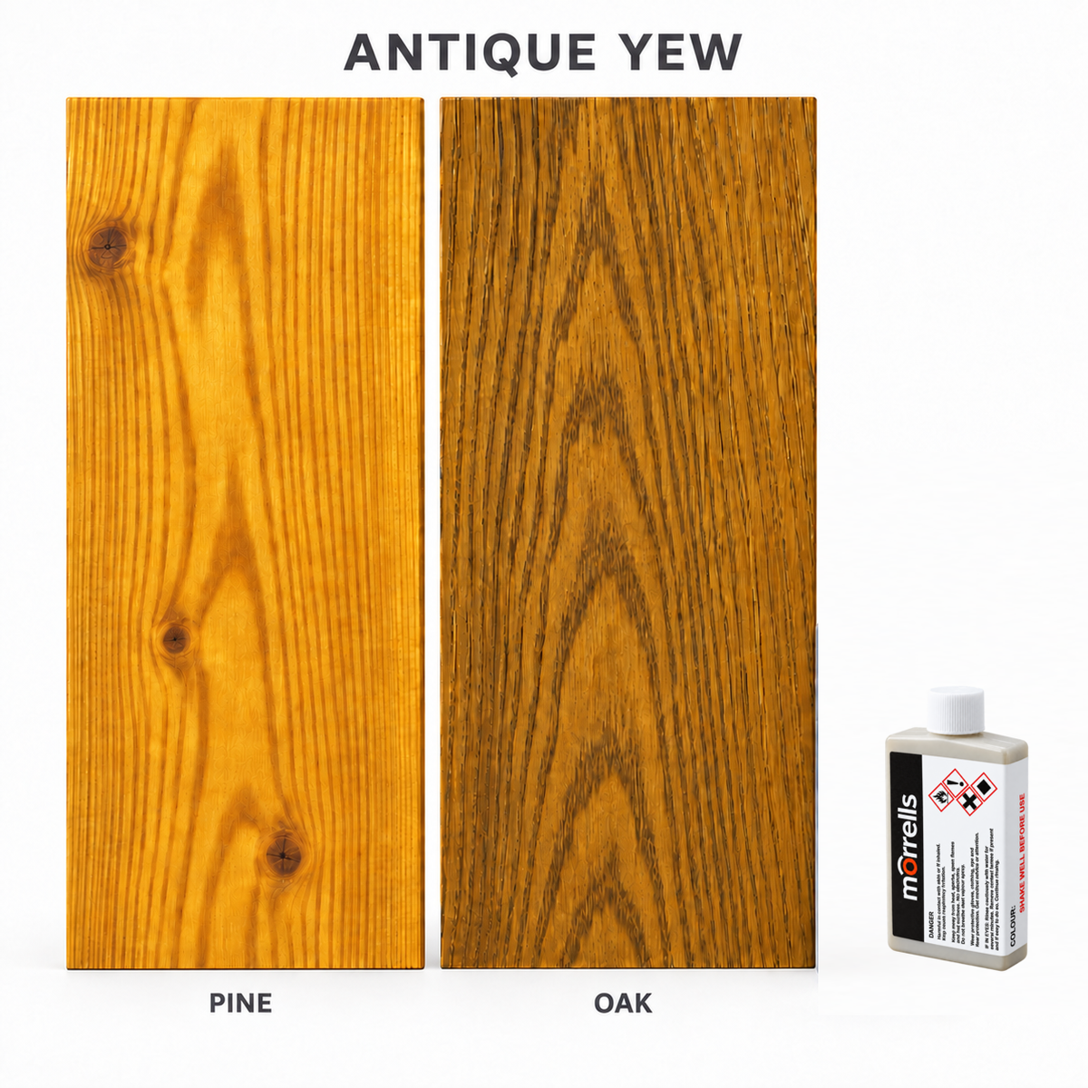 Morrells Light Fast Wood Stain 100ml sample in Antique Yew with indicative appearance on pine and oak