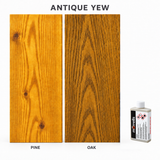 Morrells Light Fast Wood Stain 100ml sample in Antique Yew with indicative appearance on pine and oak