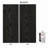Morrells Light Fast Wood Stain 100ml sample in Black with indicative appearance on pine and oak