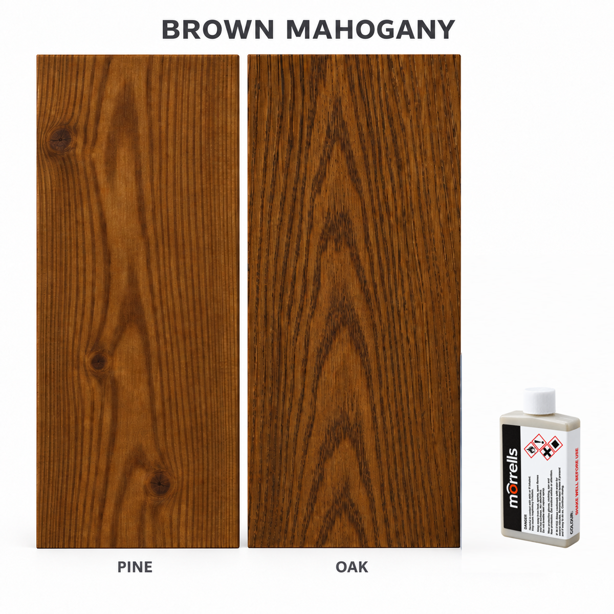Morrells Light Fast Wood Stain 100ml sample in Brown Mahogany with indicative appearance on pine and oak
