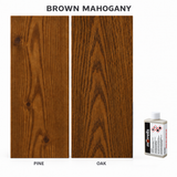 Morrells Light Fast Wood Stain 100ml sample in Brown Mahogany with indicative appearance on pine and oak