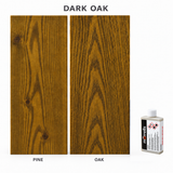 Morrells Light Fast Wood Stain 100ml sample in Dark Oak with indicative appearance on pine and oak