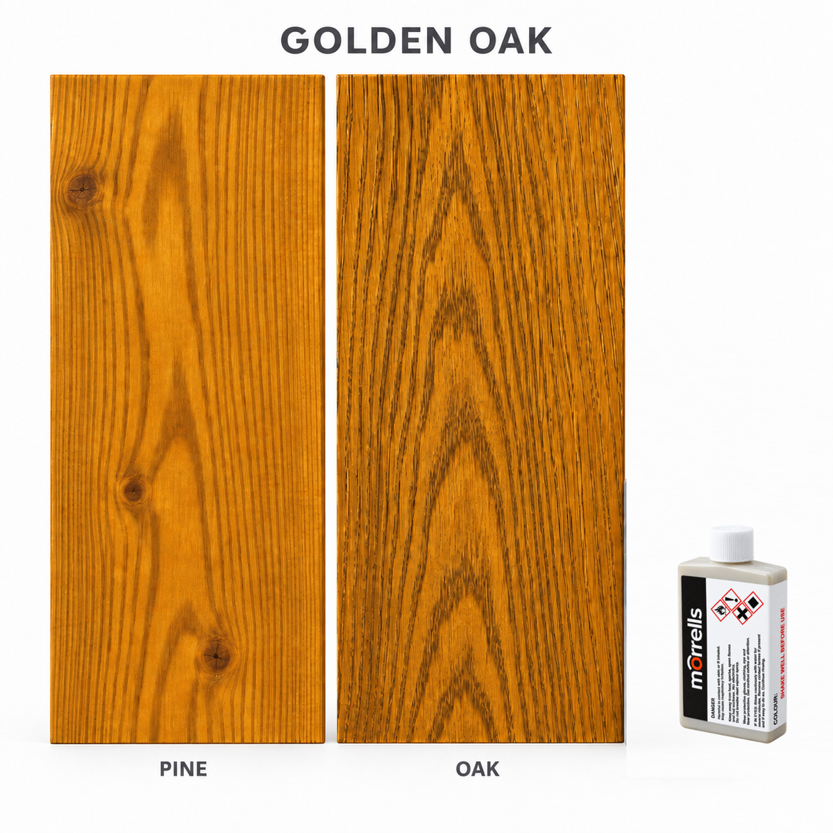 Morrells Light Fast Wood Stain 100ml sample in Golden Oak with indicative appearance on pine and oak