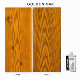 Morrells Light Fast Wood Stain 100ml sample in Golden Oak with indicative appearance on pine and oak