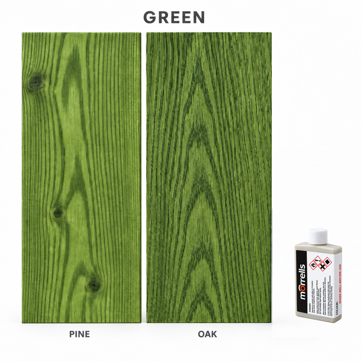 Morrells Light Fast Wood Stain 100ml sample in Green with indicative appearance on pine and oak