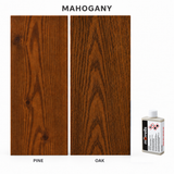Morrells Light Fast Wood Stain 100ml sample in Mahogany with indicative appearance on pine and oak
