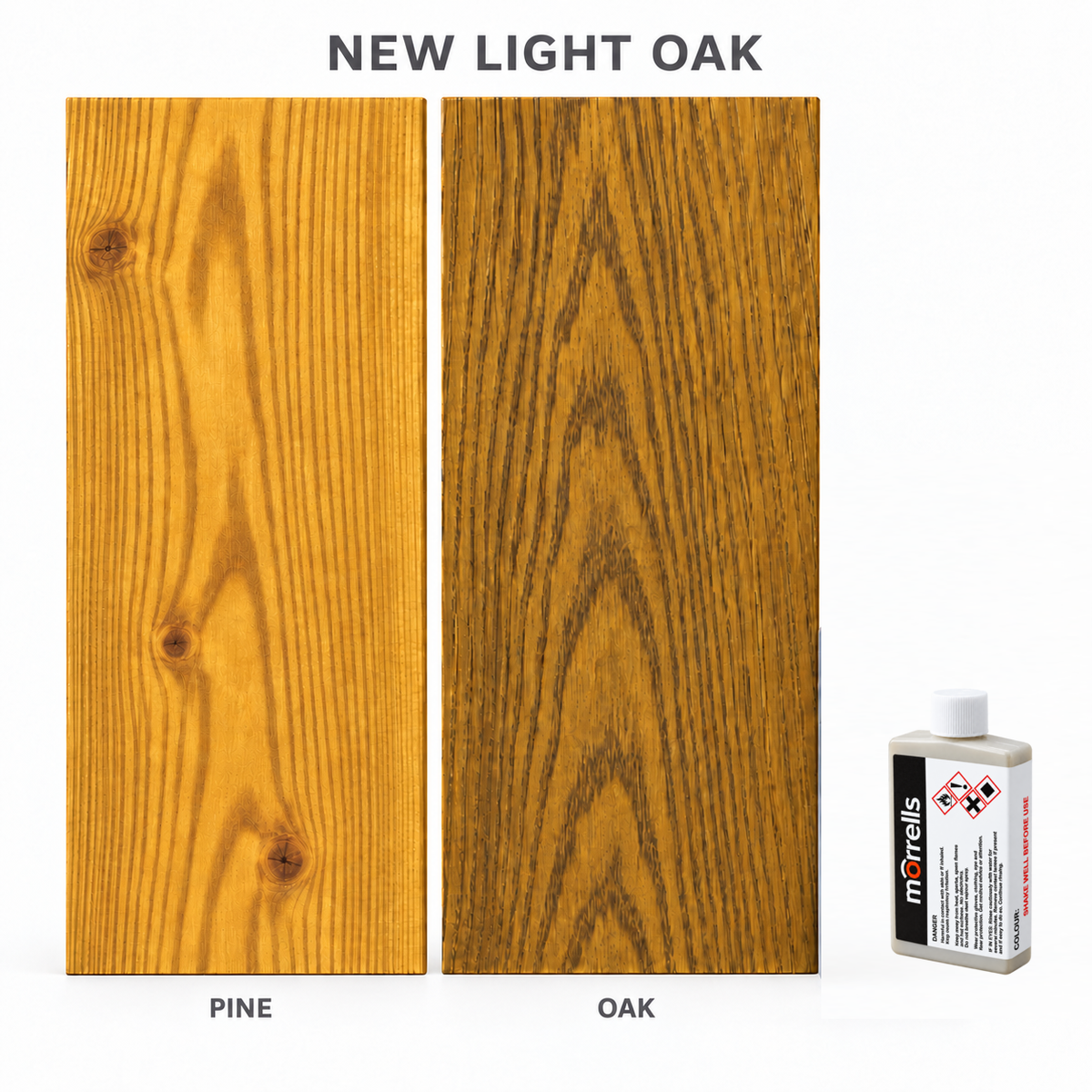 Morrells Light Fast Wood Stain 100ml sample in New Light Oak with indicative appearance on pine and oak