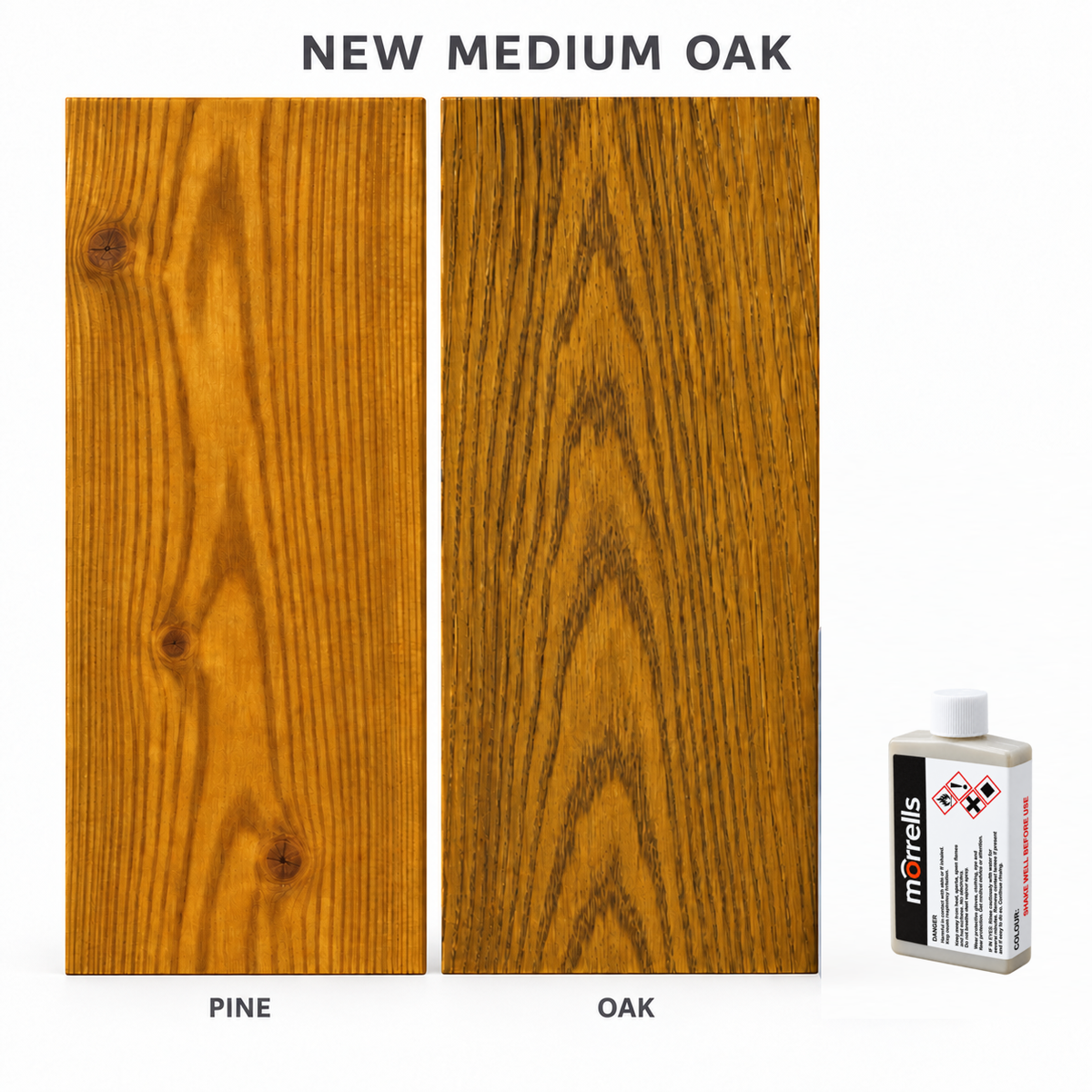 Morrells Light Fast Wood Stain 100ml sample in New Medium Oak with indicative appearance on pine and oak
