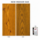 Morrells Light Fast Wood Stain 100ml sample in New Medium Oak with indicative appearance on pine and oak