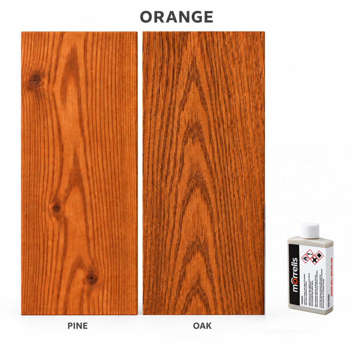 Morrells Light Fast Wood Stain 100ml sample in Orange with indicative appearance on pine and oak