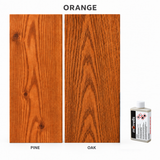 Morrells Light Fast Wood Stain 100ml sample in Orange with indicative appearance on pine and oak