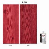Morrells Light Fast Wood Stain 100ml sample in Red with indicative appearance on pine and oak