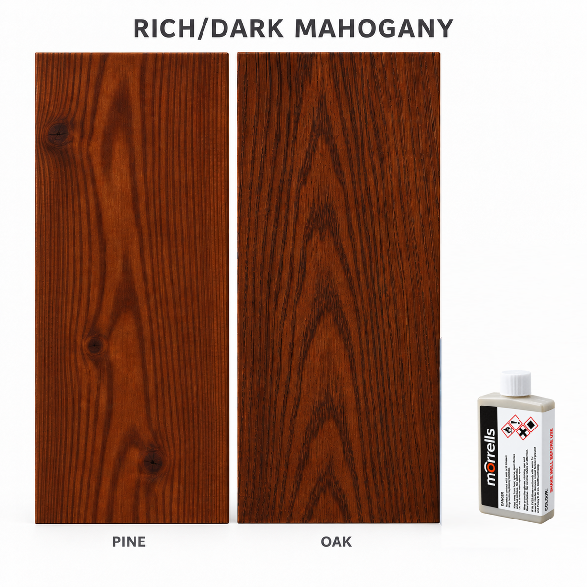 Morrells Light Fast Wood Stain 100ml sample in Rich/Dark Mahogany with indicative appearance on pine and oak