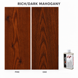 Morrells Light Fast Wood Stain 100ml sample in Rich/Dark Mahogany with indicative appearance on pine and oak