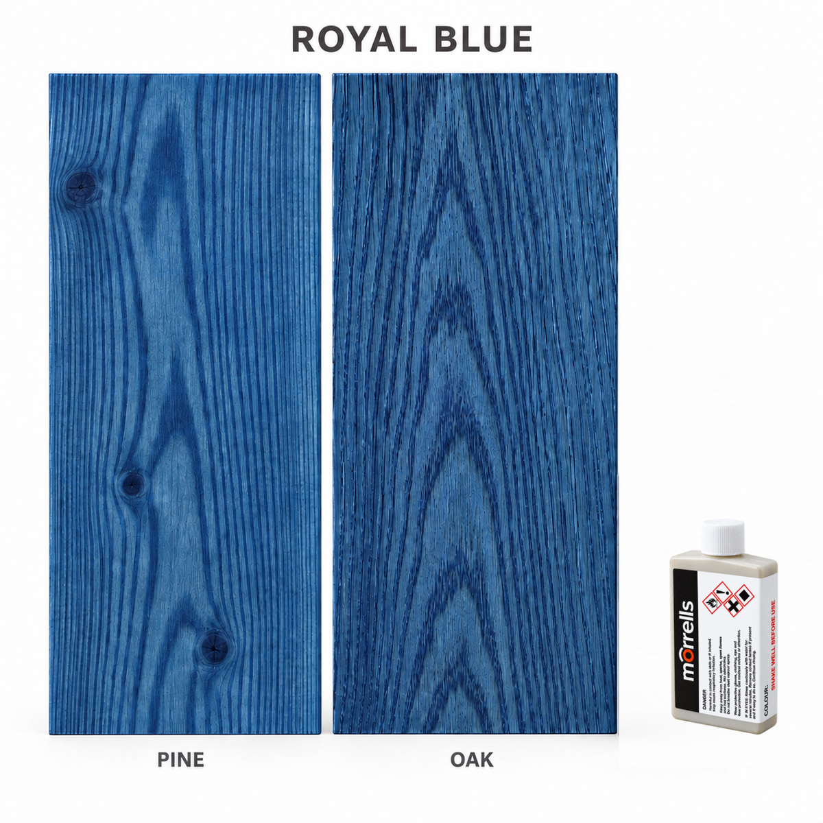 Morrells Light Fast Wood Stain 100ml sample in Royal Blue with indicative appearance on pine and oak