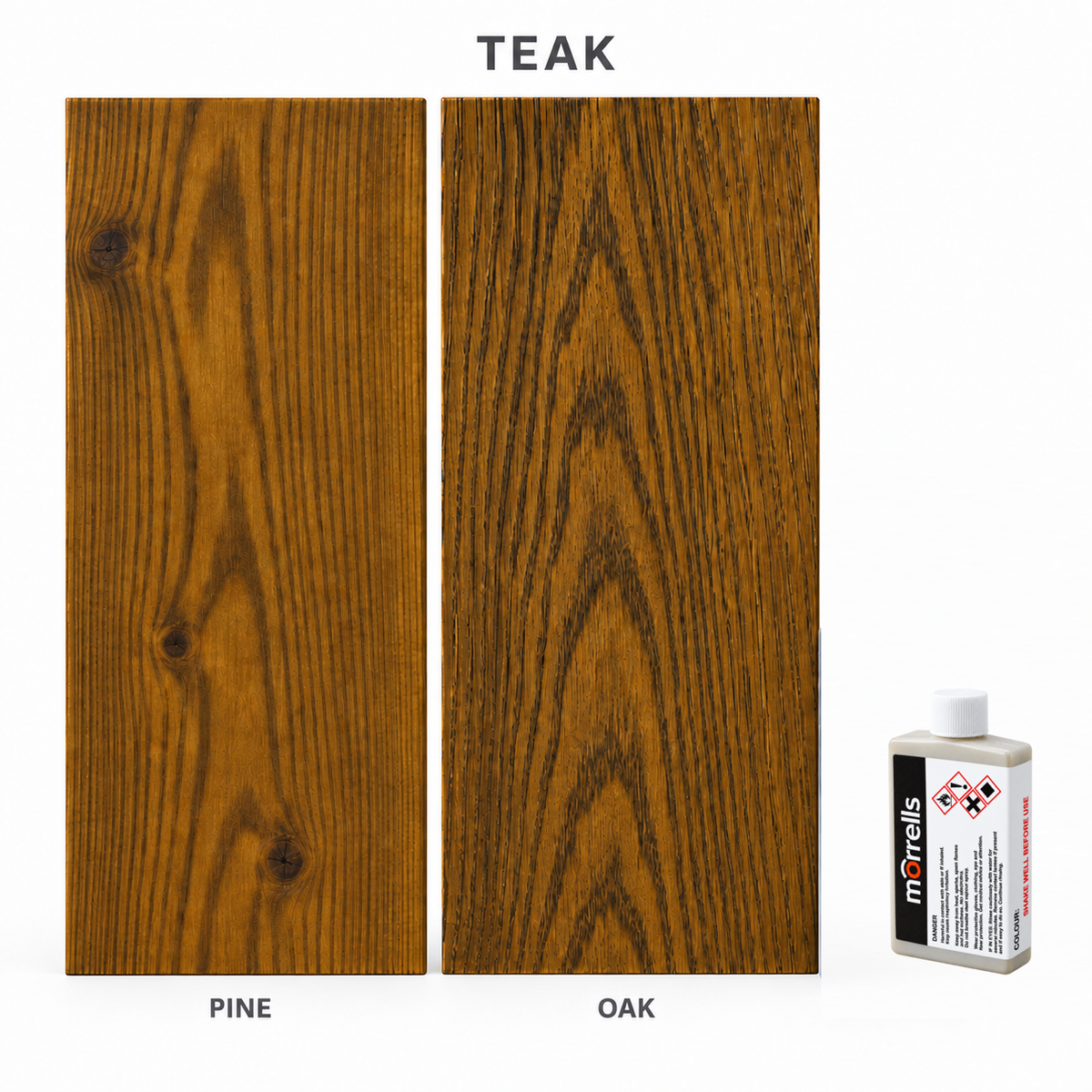Morrells Light Fast Wood Stain 100ml sample in Teak with indicative appearance on pine and oak