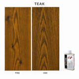 Morrells Light Fast Wood Stain 100ml sample in Teak with indicative appearance on pine and oak