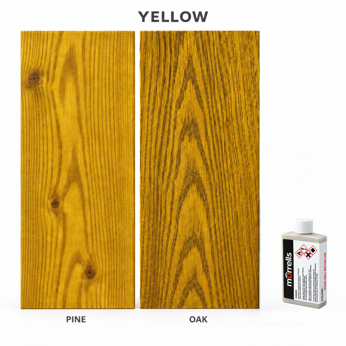Morrells Light Fast Wood Stain 100ml sample in Yellow with indicative appearance on pine and oak