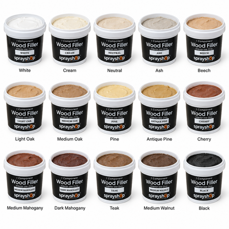 Morrells One-Part Coloured Wood Filler 250ml colour range, showing 15 open tubs with labelled shades on a white background.