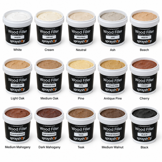 Morrells One-Part Coloured Wood Filler 250ml colour range, showing 15 open tubs with labelled shades on a white background.