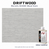 Morrells SCANDI Driftwood wood stain 100ml sample with indicative stained wood colour