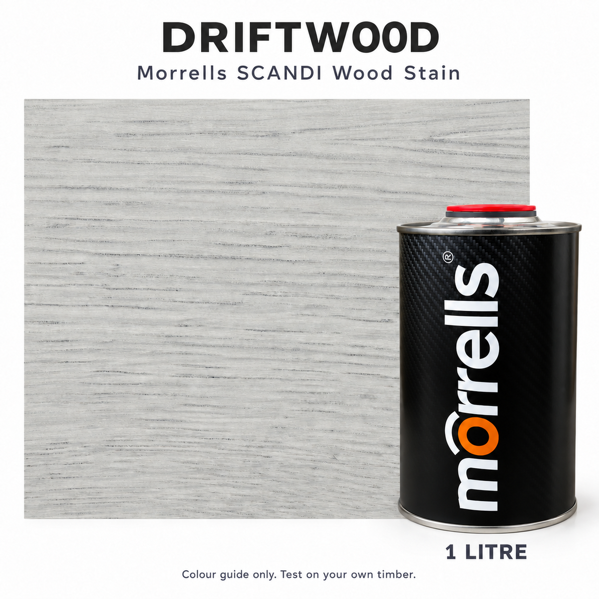 Morrells SCANDI Driftwood wood stain 1L with indicative stained wood colour