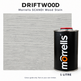 Morrells SCANDI Driftwood wood stain 1L with indicative stained wood colour