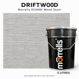 Morrells SCANDI Driftwood wood stain 5L tin with indicative stained wood colour