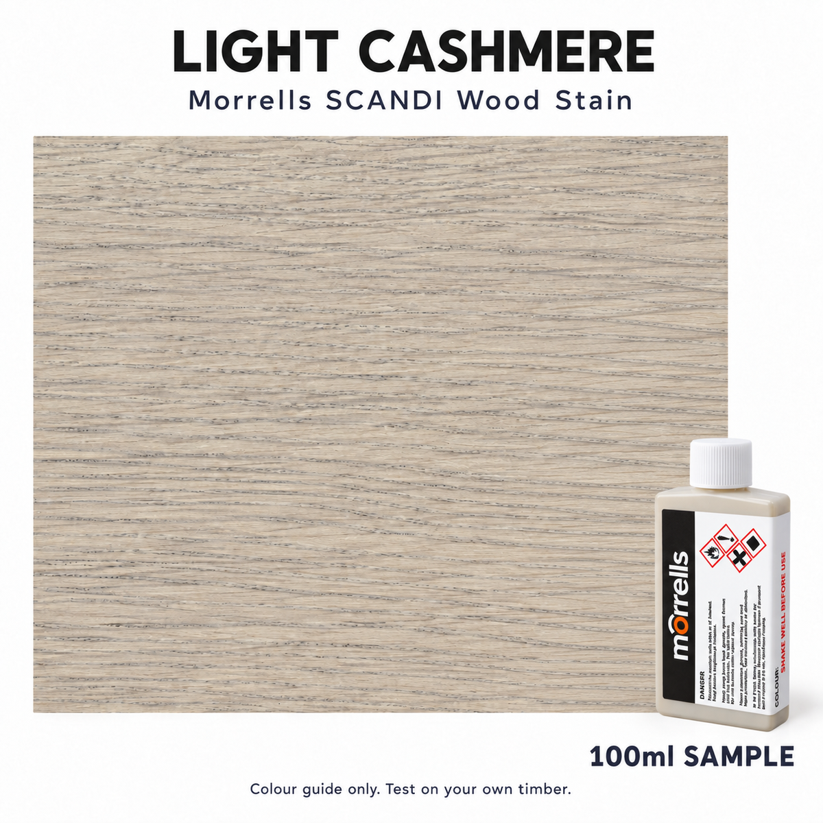 Morrells SCANDI Light Cashmere wood stain 100ml sample with indicative stained wood colour
