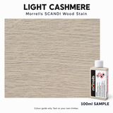 Morrells SCANDI Light Cashmere wood stain 100ml sample with indicative stained wood colour
