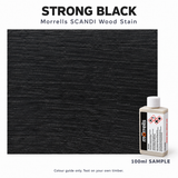 Morrells SCANDI Strong Black wood stain 100ml sample with indicative stained wood colour