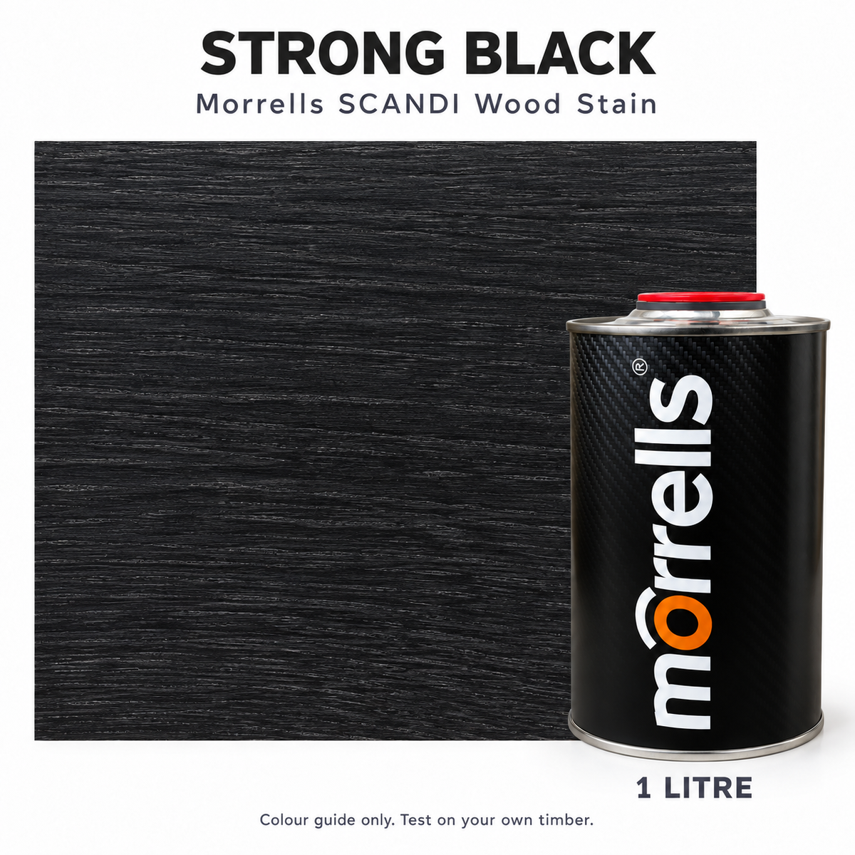 Morrells SCANDI Strong Black wood stain 1L with indicative stained wood colour