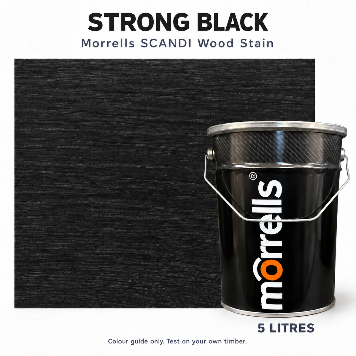 Morrells SCANDI Strong Black wood stain 5L tin with indicative stained wood colour