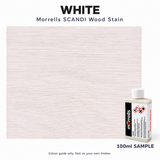 Morrells SCANDI White wood stain 100ml sample with indicative stained wood colour