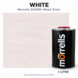 Morrells SCANDI White wood stain 1L with indicative stained wood colour