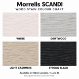 Morrells SCANDI wood stain colour chart showing White, Driftwood, Light Cashmere and Strong Black