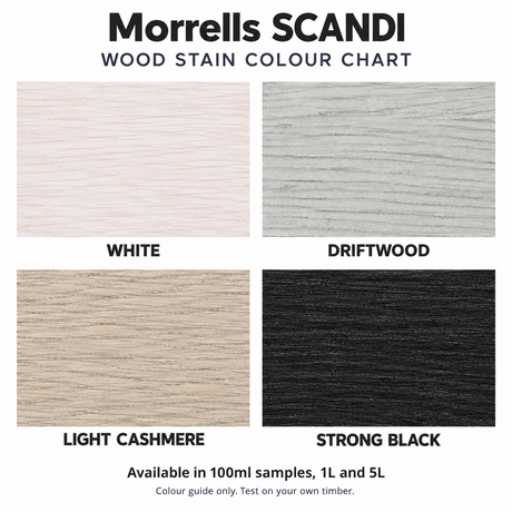 Morrells SCANDI wood stain colour chart showing White, Driftwood, Light Cashmere and Strong Black
