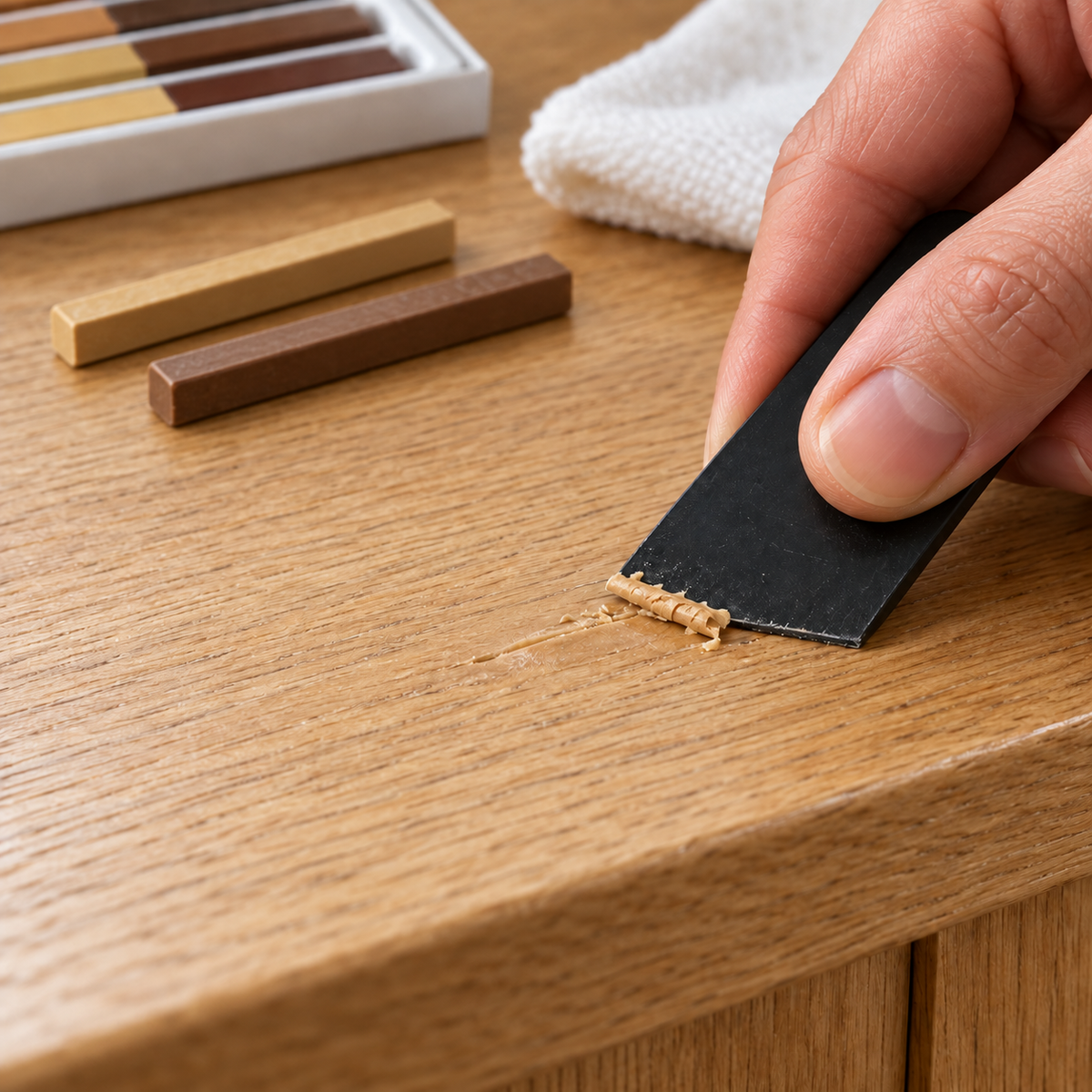 Plastic scraper levelling excess soft wax from a small repair on oak furniture, with light and dark wax sticks nearby.