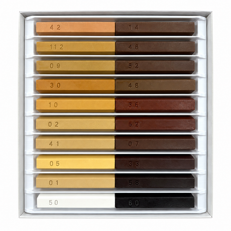 Open box of 20 Morrells soft wax repair sticks in light and dark shades with embossed colour codes.