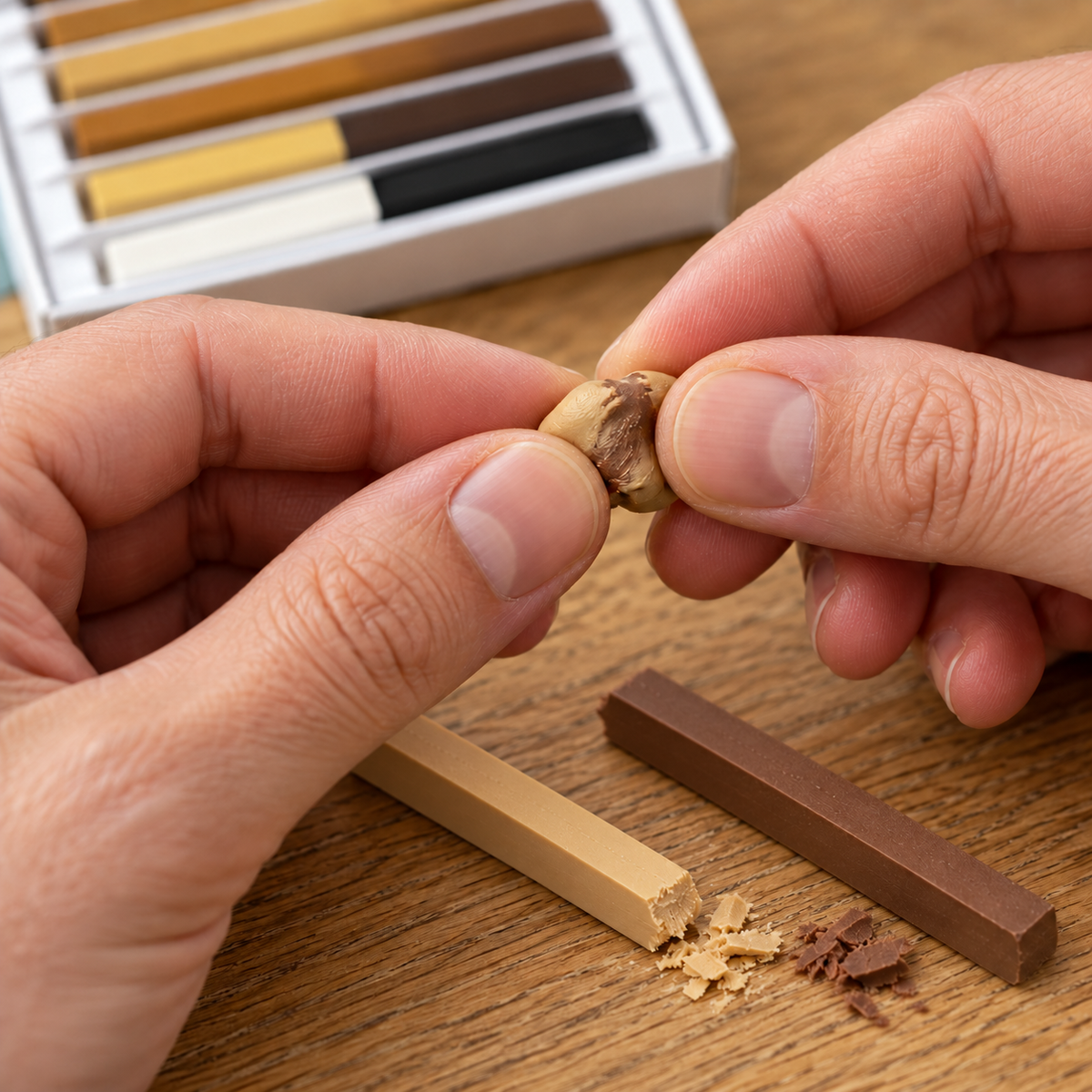 Hands blending light and dark Morrells soft wax for a colour-matched wood repair, with wax sticks beside them.