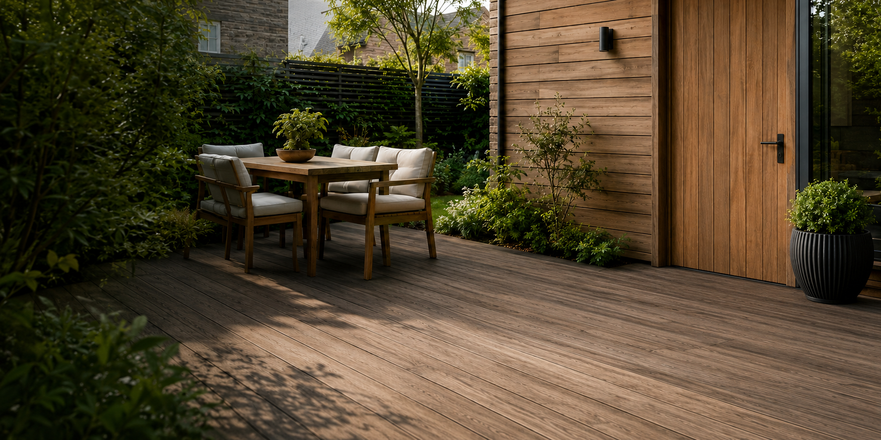 Outdoor timber decking and garden