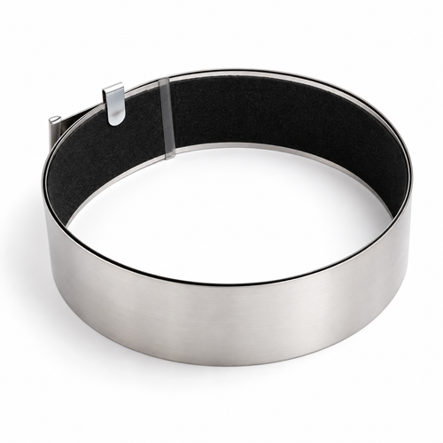 Pajarito non-slip steel straight edge rolled for storage, showing its silver face and black backing.