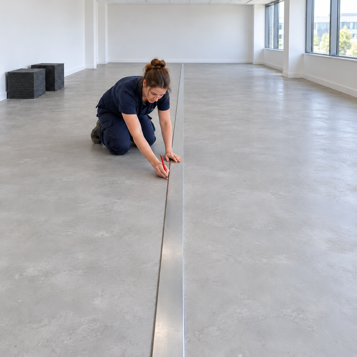 Installer marking a room centre line before fitting carpet tiles, with tiles stacked ready.