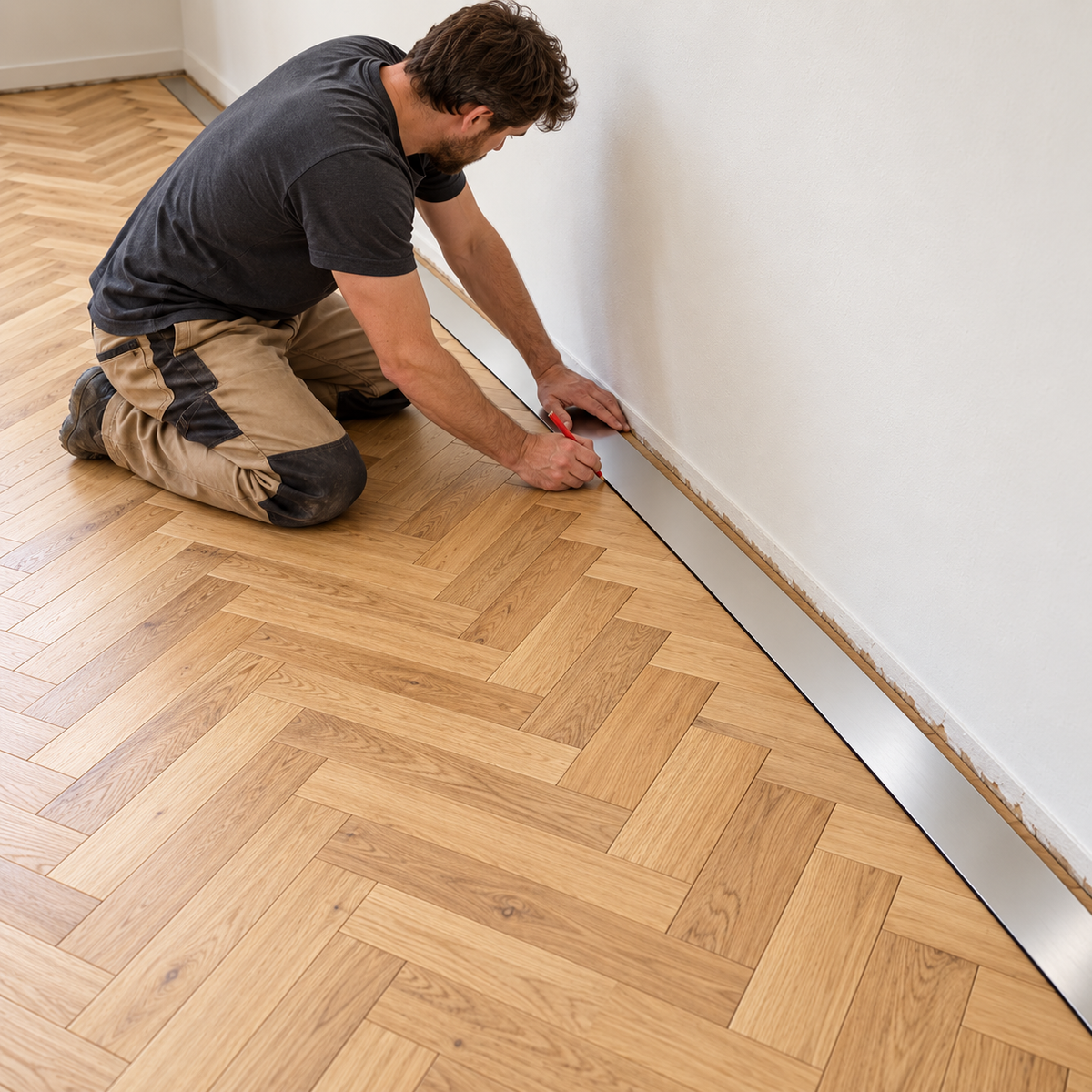 Installer marking a parquet border cut line beside the wall using a Pajarito straight edge.