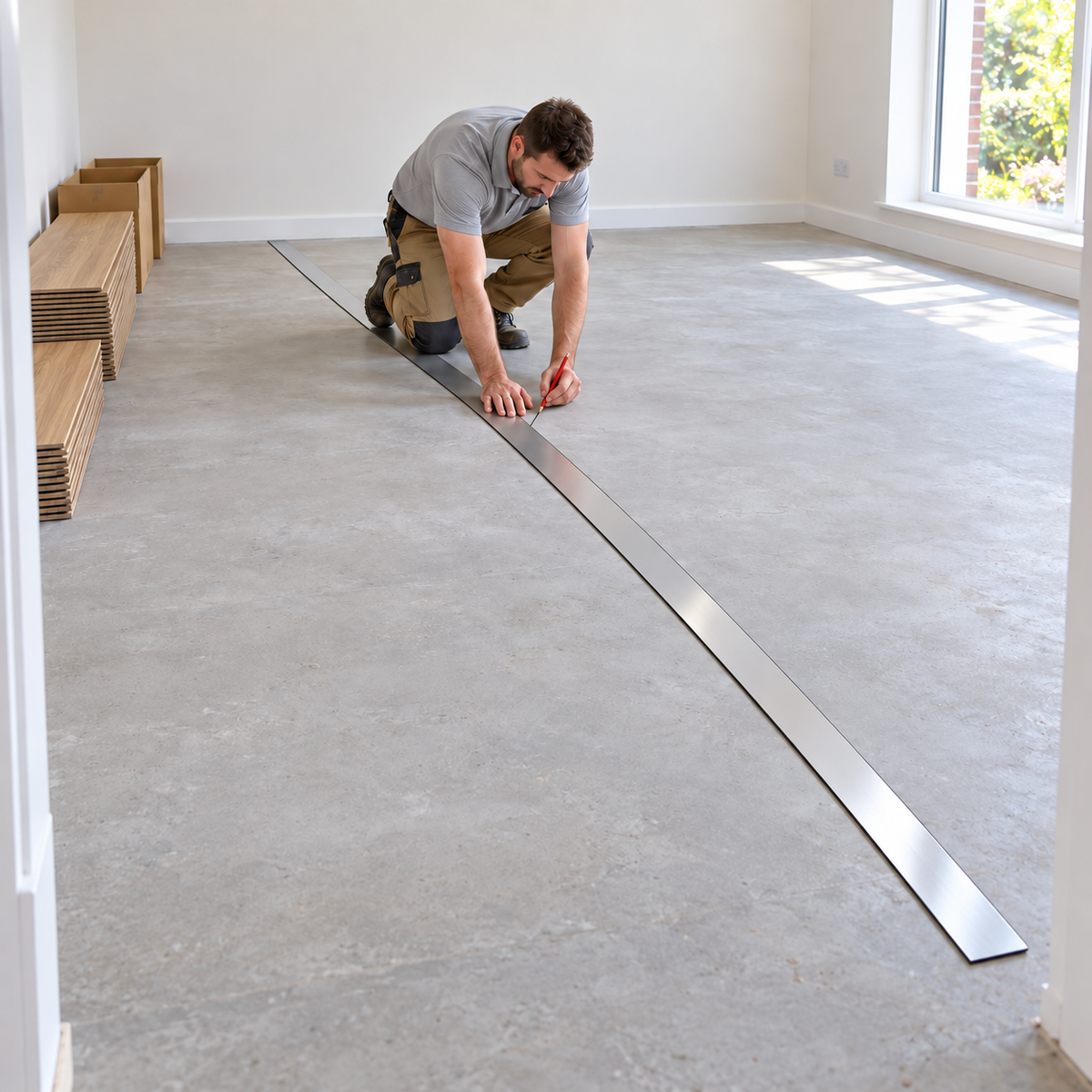 Pajarito straight edge used for centre-line marking before fitting parquet-effect vinyl flooring.